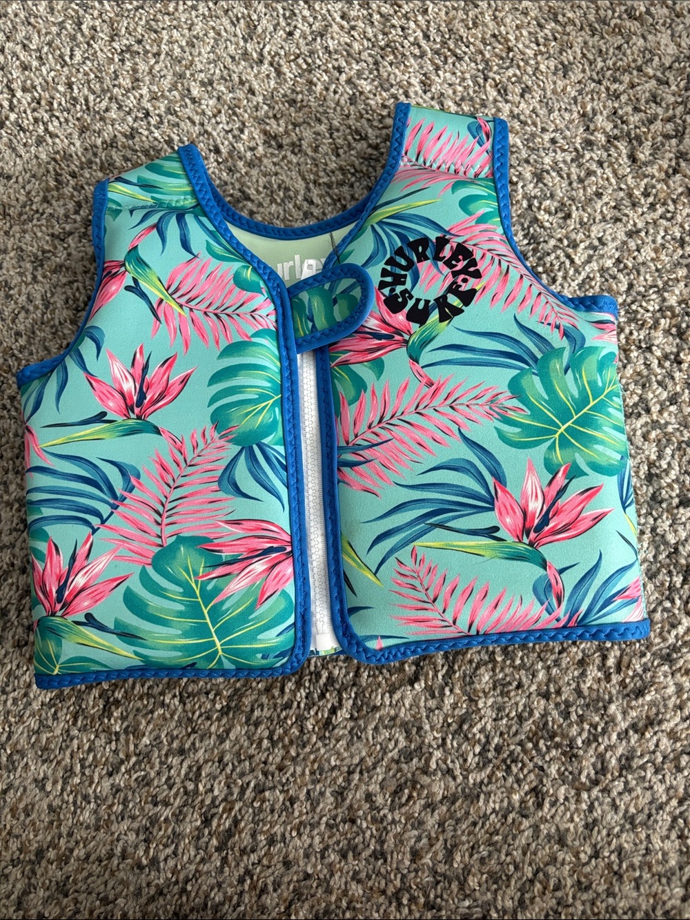 Hurley Kids Teal Floral Swim Rashguard with Pink and Green Leaves